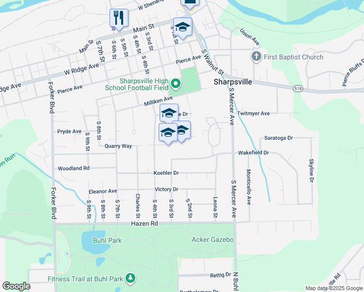 map of restaurants, bars, coffee shops, grocery stores, and more near 301 Blue Devil Way in Sharpsville