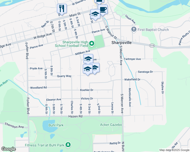 map of restaurants, bars, coffee shops, grocery stores, and more near 301 Blue Devil Way in Sharpsville