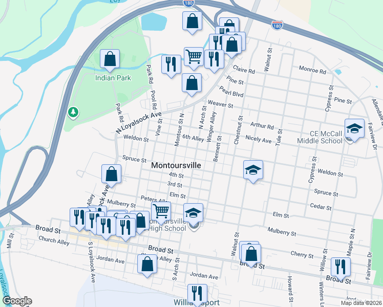 map of restaurants, bars, coffee shops, grocery stores, and more near 600 5th Alley in Montoursville