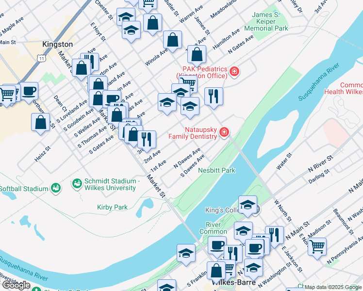 map of restaurants, bars, coffee shops, grocery stores, and more near 85 1st Avenue in Kingston