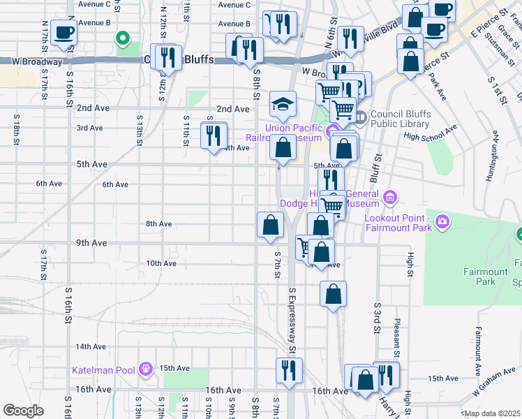 map of restaurants, bars, coffee shops, grocery stores, and more near 726 8th Avenue in Council Bluffs