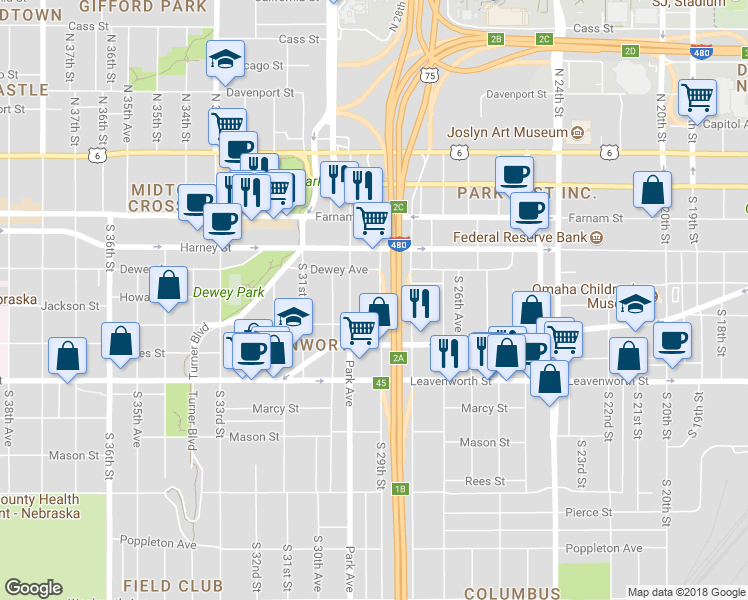map of restaurants, bars, coffee shops, grocery stores, and more near 542 South 29th Street in Omaha
