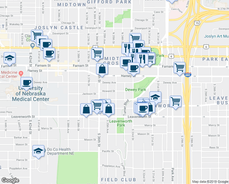 map of restaurants, bars, coffee shops, grocery stores, and more near 564 South 35th Street in Omaha