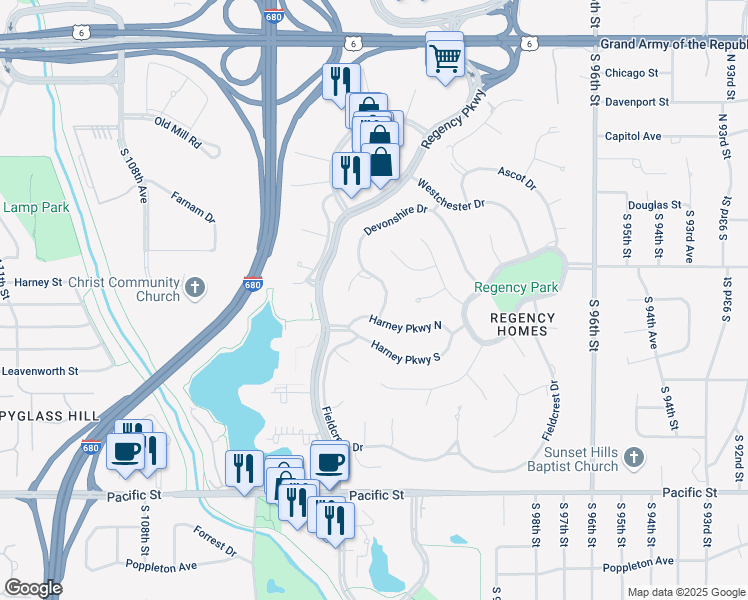 map of restaurants, bars, coffee shops, grocery stores, and more near 9948 Harney Parkway North in Omaha
