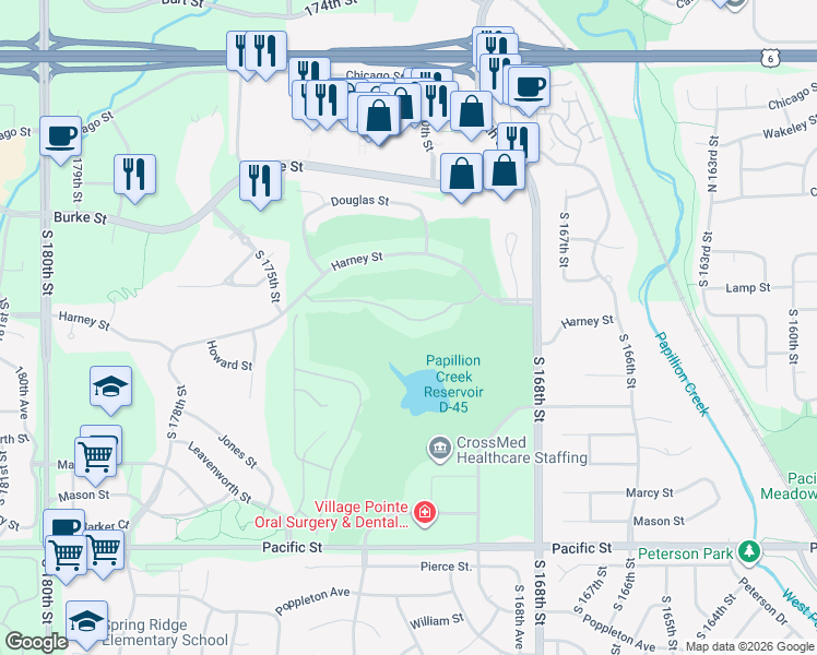 map of restaurants, bars, coffee shops, grocery stores, and more near 17025 Howard Plaza in Omaha