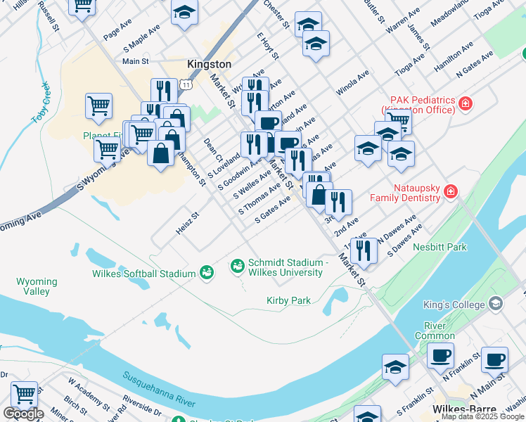 map of restaurants, bars, coffee shops, grocery stores, and more near 63-65 North Gates Avenue in Kingston