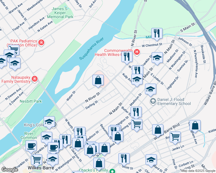 map of restaurants, bars, coffee shops, grocery stores, and more near 212 Darling St in Wilkes-Barre