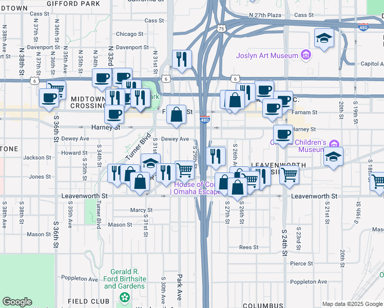 map of restaurants, bars, coffee shops, grocery stores, and more near 542 South 29th Street in Omaha