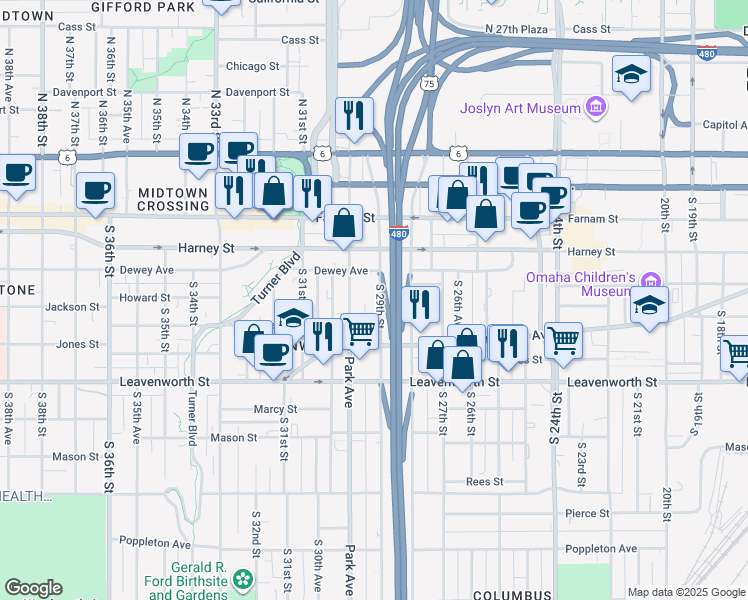 map of restaurants, bars, coffee shops, grocery stores, and more near 528 South 29th Street in Omaha