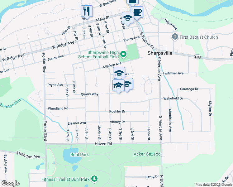 map of restaurants, bars, coffee shops, grocery stores, and more near 303 Blue Devil Way in Sharpsville