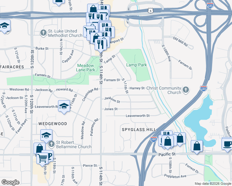 map of restaurants, bars, coffee shops, grocery stores, and more near 11214 Jackson Street in Omaha