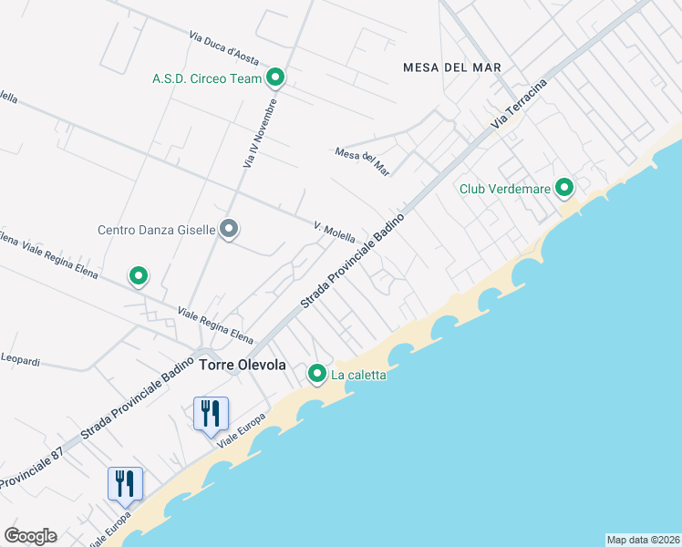 map of restaurants, bars, coffee shops, grocery stores, and more near 88 Via Poniatowskj in San Felice Circeo