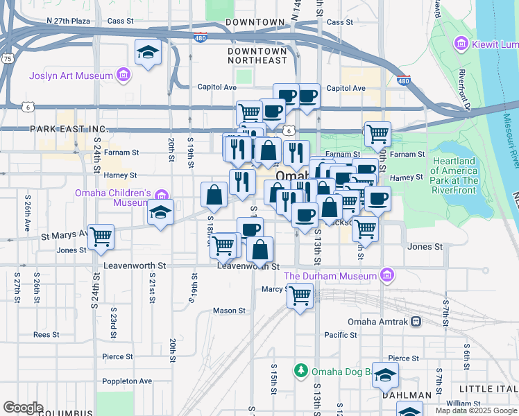 map of restaurants, bars, coffee shops, grocery stores, and more near 505 South 16th Street in Omaha