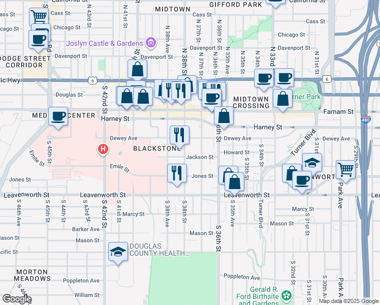 map of restaurants, bars, coffee shops, grocery stores, and more near 3724 Jackson Street in Omaha