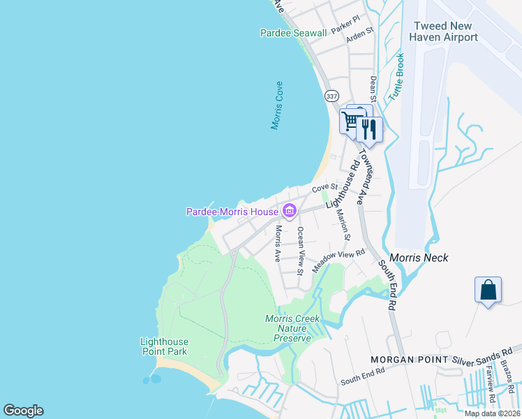 map of restaurants, bars, coffee shops, grocery stores, and more near 307 Lighthouse Road in New Haven