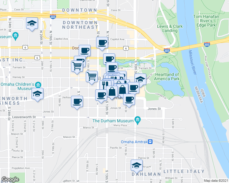 map of restaurants, bars, coffee shops, grocery stores, and more near 1210 Jackson Street in Omaha