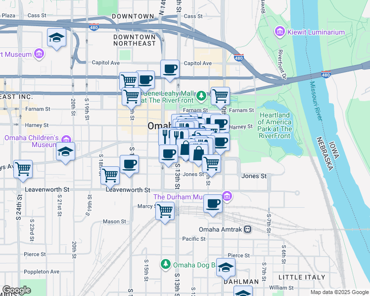 map of restaurants, bars, coffee shops, grocery stores, and more near 1210 Jackson Street in Omaha