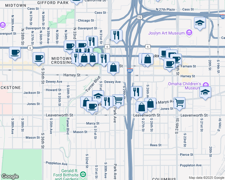 map of restaurants, bars, coffee shops, grocery stores, and more near 28 South 30th Street in Omaha