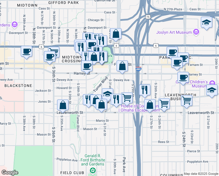 map of restaurants, bars, coffee shops, grocery stores, and more near 542 South 31st Street in Omaha