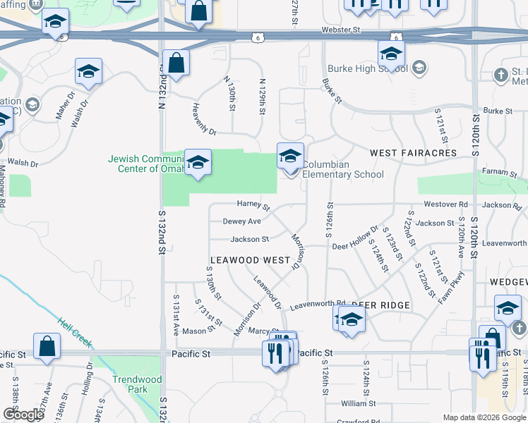 map of restaurants, bars, coffee shops, grocery stores, and more near 12905 Dewey Avenue in Omaha