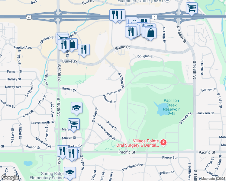 map of restaurants, bars, coffee shops, grocery stores, and more near 17607 Harney Street in Omaha