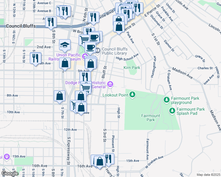 map of restaurants, bars, coffee shops, grocery stores, and more near 605 South 3rd Street in Council Bluffs