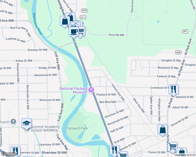 map of restaurants, bars, coffee shops, grocery stores, and more near 913 Maryland Street Northwest in Warren