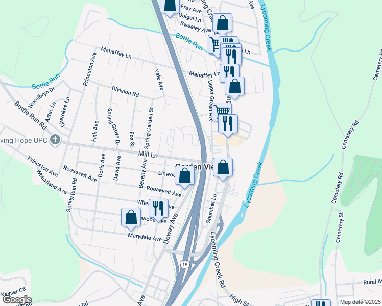 map of restaurants, bars, coffee shops, grocery stores, and more near 2000 Mill Lane in Williamsport