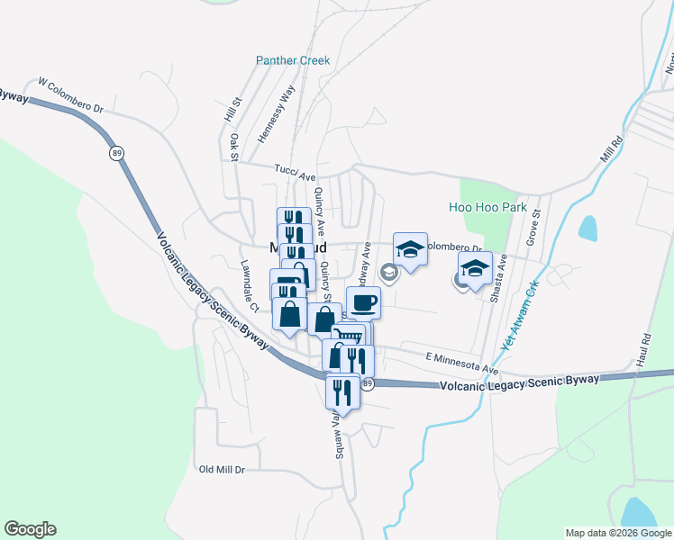map of restaurants, bars, coffee shops, grocery stores, and more near 300-398 Quincy St in McCloud