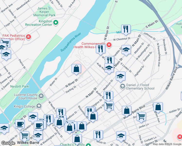 map of restaurants, bars, coffee shops, grocery stores, and more near 3 Courtright Avenue in Wilkes-Barre