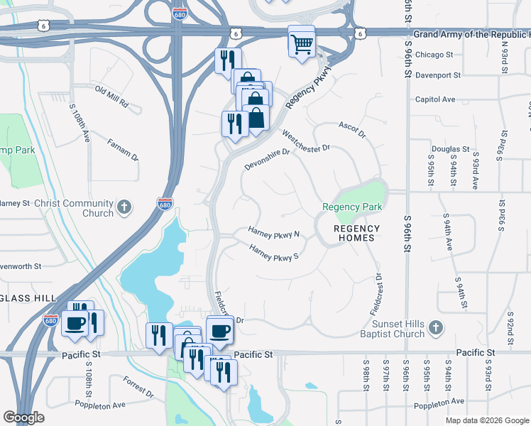 map of restaurants, bars, coffee shops, grocery stores, and more near 9936 Harney Parkway North in Omaha