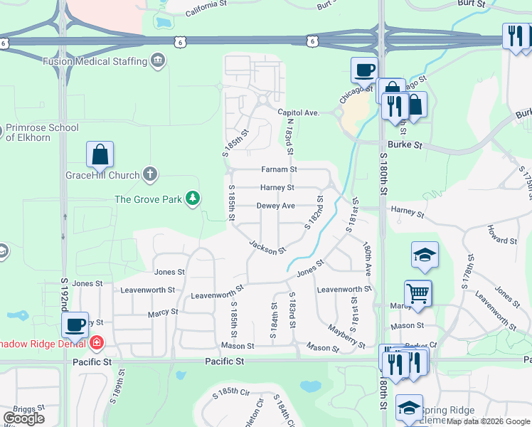map of restaurants, bars, coffee shops, grocery stores, and more near 507 South 184th Street in Elkhorn