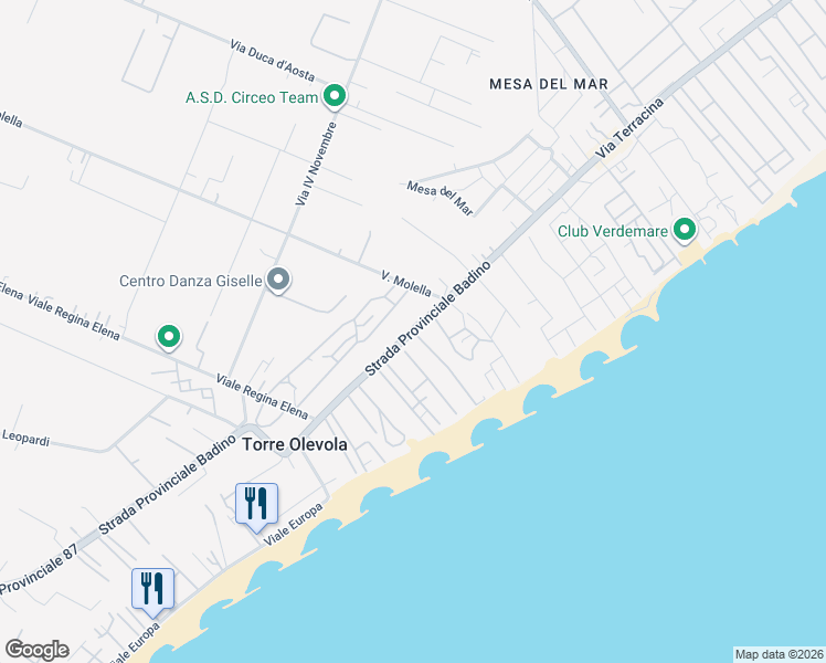 map of restaurants, bars, coffee shops, grocery stores, and more near 88 Via Poniatowskj in San Felice Circeo
