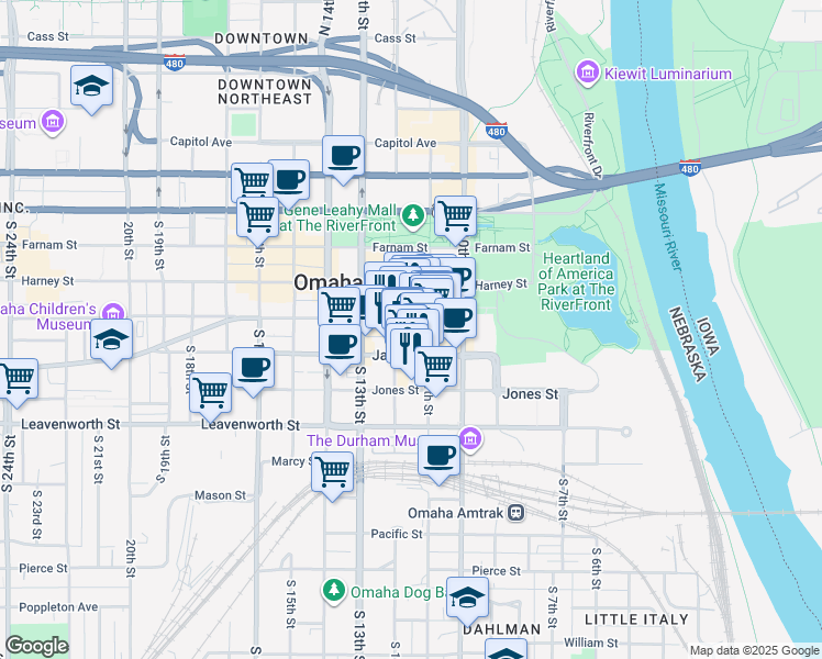 map of restaurants, bars, coffee shops, grocery stores, and more near 1117 Jackson Street in Omaha
