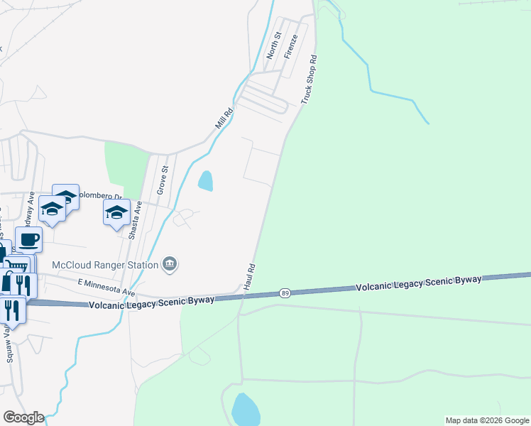map of restaurants, bars, coffee shops, grocery stores, and more near Haul Road in McCloud