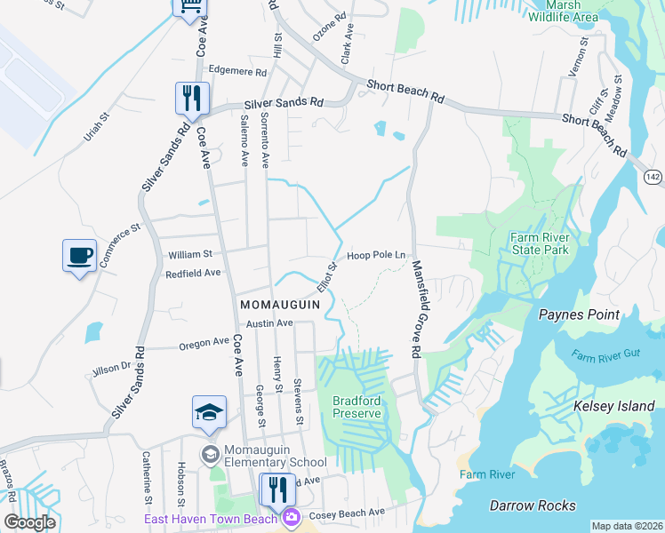 map of restaurants, bars, coffee shops, grocery stores, and more near 82 Elliot Street in East Haven