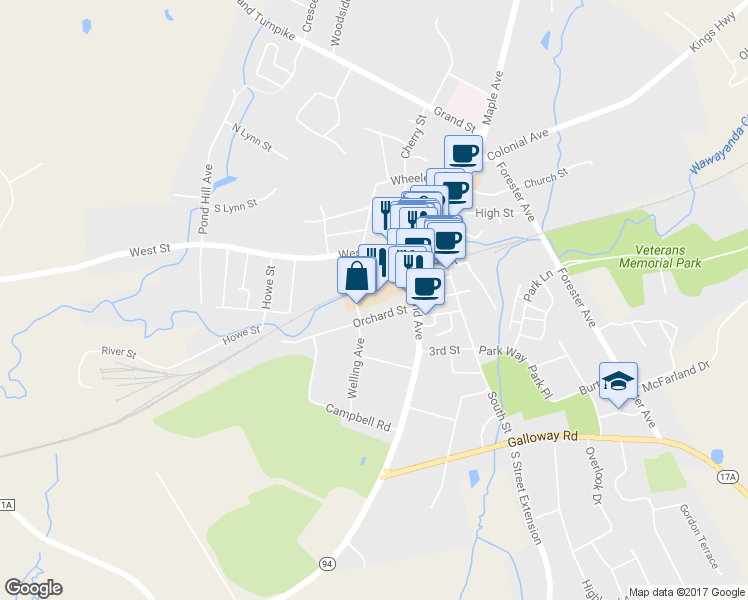 map of restaurants, bars, coffee shops, grocery stores, and more near 25 Elm Street in Warwick