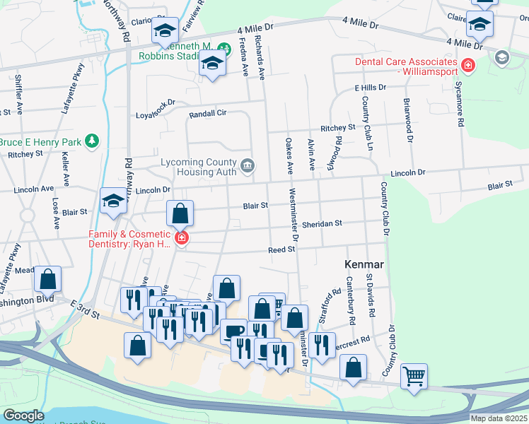 map of restaurants, bars, coffee shops, grocery stores, and more near 2101-2199 Sheridan Street in Williamsport