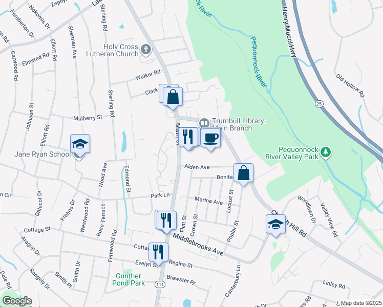 map of restaurants, bars, coffee shops, grocery stores, and more near 60 Quality Street in Trumbull