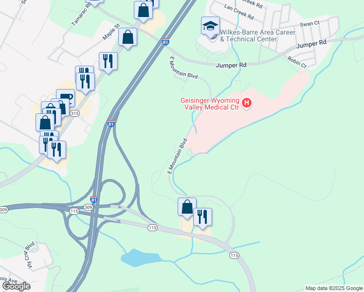 map of restaurants, bars, coffee shops, grocery stores, and more near 199 East Mountain Boulevard in Wilkes-Barre