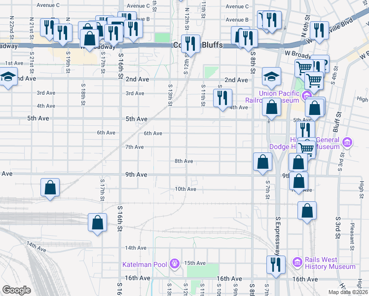 map of restaurants, bars, coffee shops, grocery stores, and more near 1200 8th Avenue in Council Bluffs