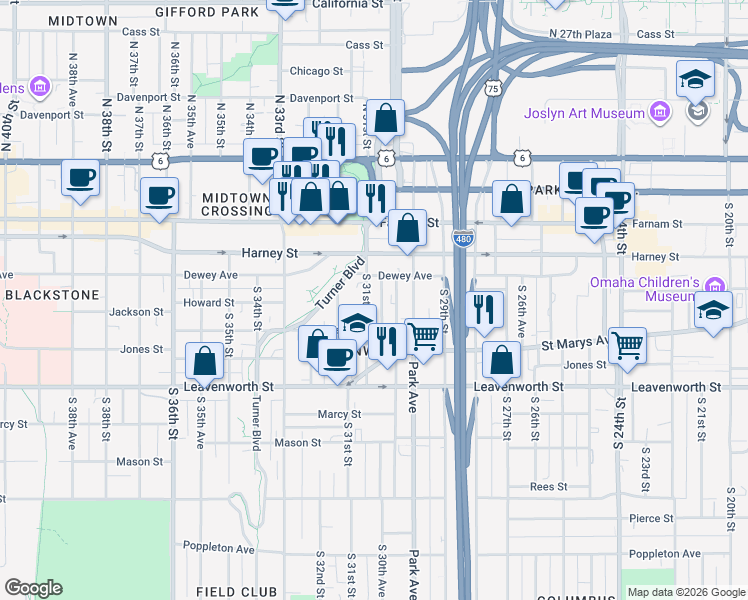 map of restaurants, bars, coffee shops, grocery stores, and more near 515 South 31st Street in Omaha