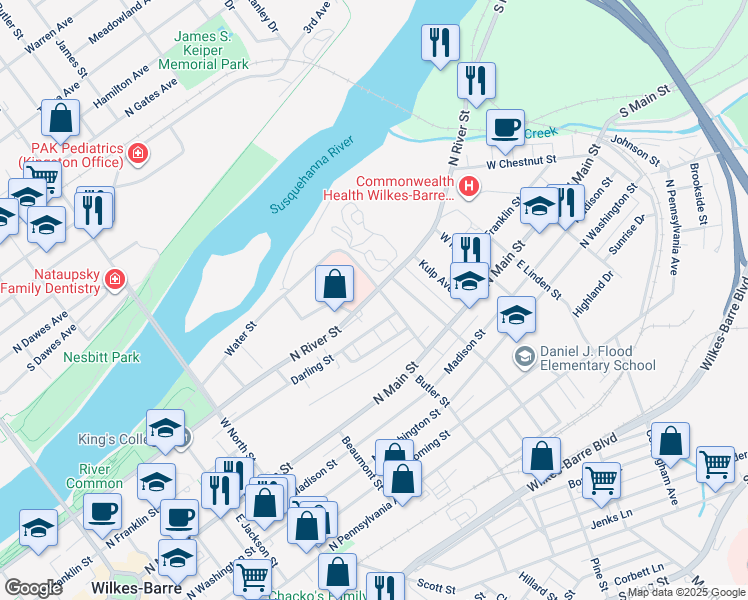 map of restaurants, bars, coffee shops, grocery stores, and more near 212 Darling St in Wilkes-Barre