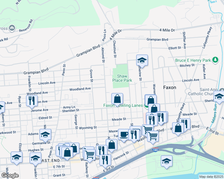 map of restaurants, bars, coffee shops, grocery stores, and more near 1250 Almond Street in Williamsport