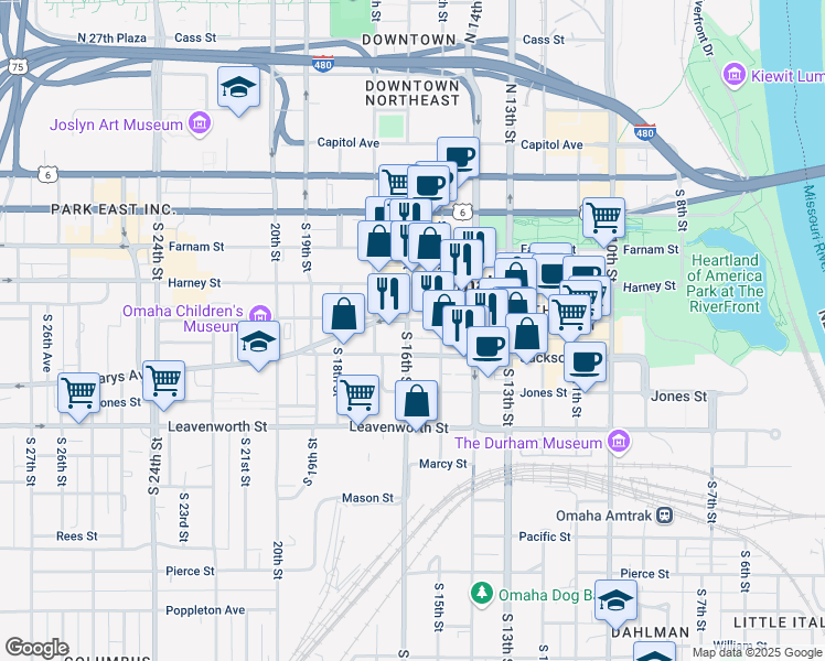 map of restaurants, bars, coffee shops, grocery stores, and more near in Omaha