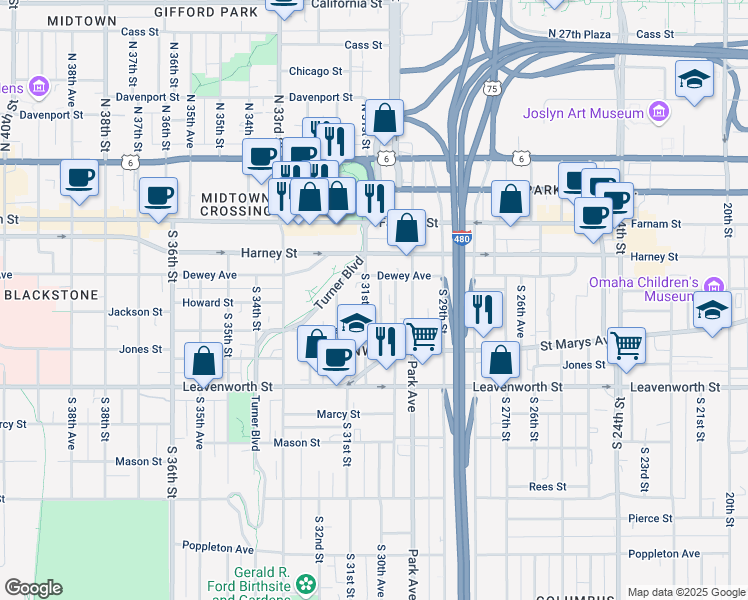 map of restaurants, bars, coffee shops, grocery stores, and more near 542 South 31st Street in Omaha