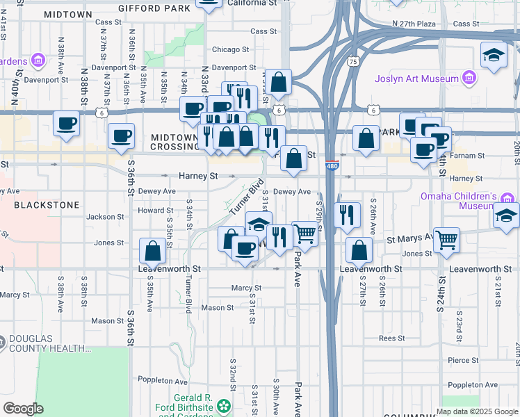 map of restaurants, bars, coffee shops, grocery stores, and more near 542 South 31st Street in Omaha