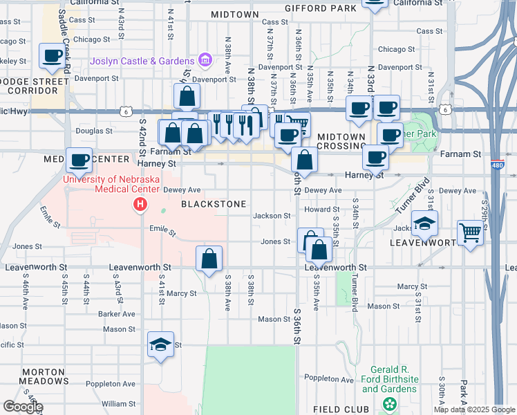 map of restaurants, bars, coffee shops, grocery stores, and more near 3727 Jackson Street in Omaha