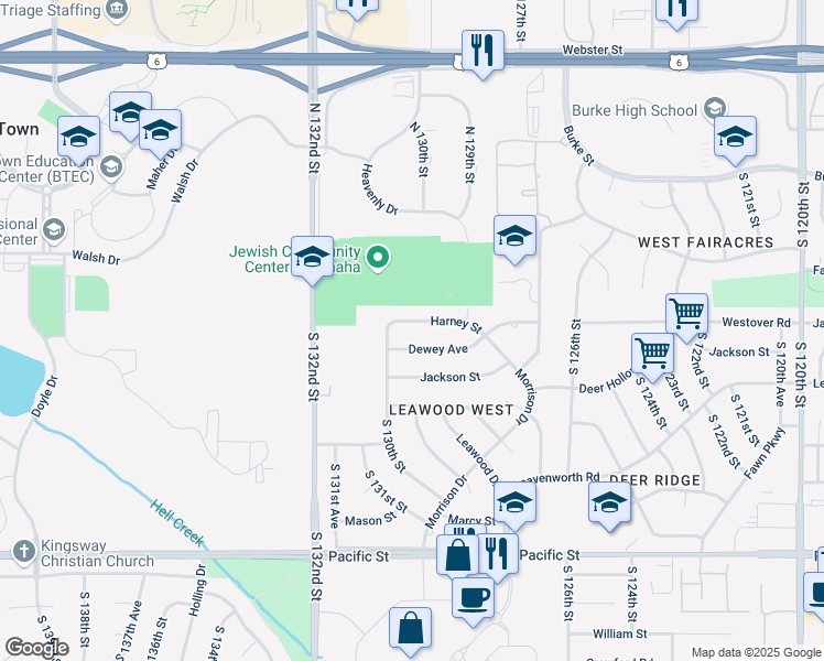 map of restaurants, bars, coffee shops, grocery stores, and more near 12935 Dewey Avenue in Omaha
