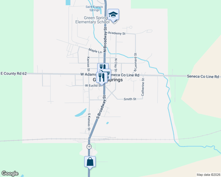 map of restaurants, bars, coffee shops, grocery stores, and more near 210 East Euclid Street in Green Springs